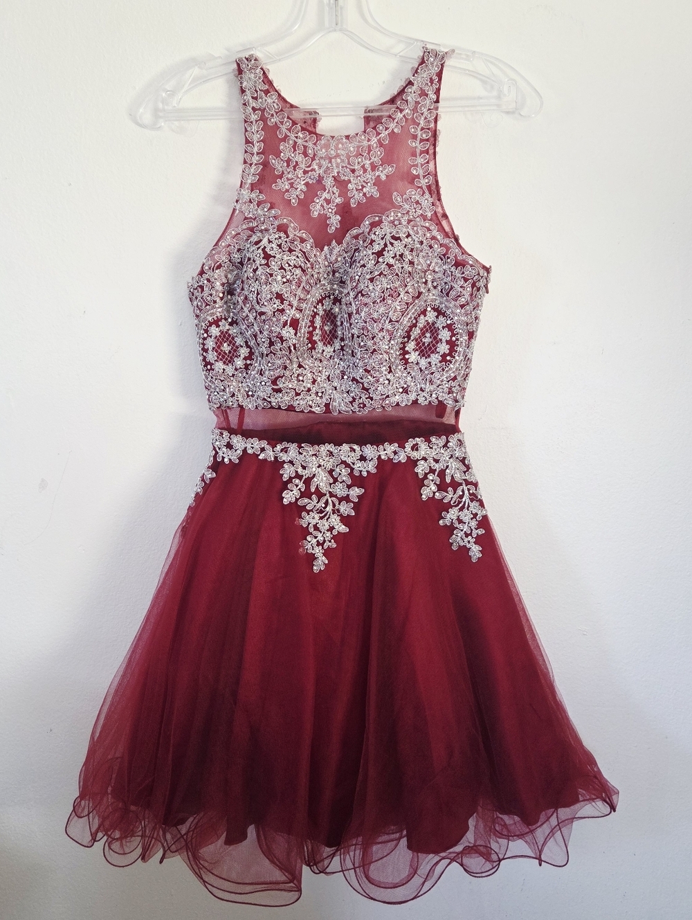 Anny Lee Burgundy tulle dress with silver embroidery